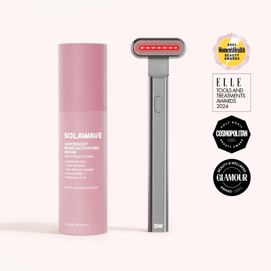 The Solawave 4-in-1 Red Light Therapy Wand & Activating Serum Kit features a pink serum bottle and a gray wand with a glowing red light, acclaimed for addressing fine lines and dark spots. Award badges from top magazines appear on the right.