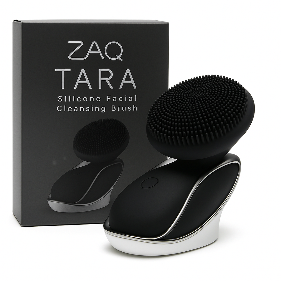 Black silicone facial cleansing brush with packaging labeled 'ZAQ Tara' on a white background
