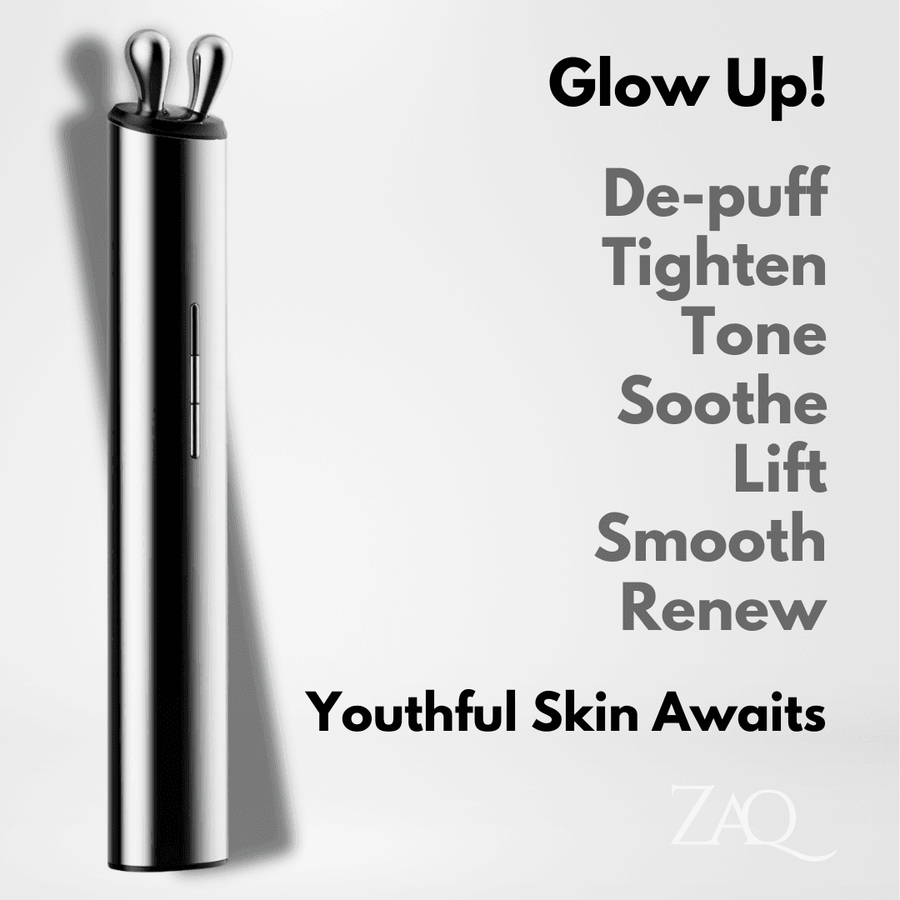 ZAQ skincare device with text on a light gray background